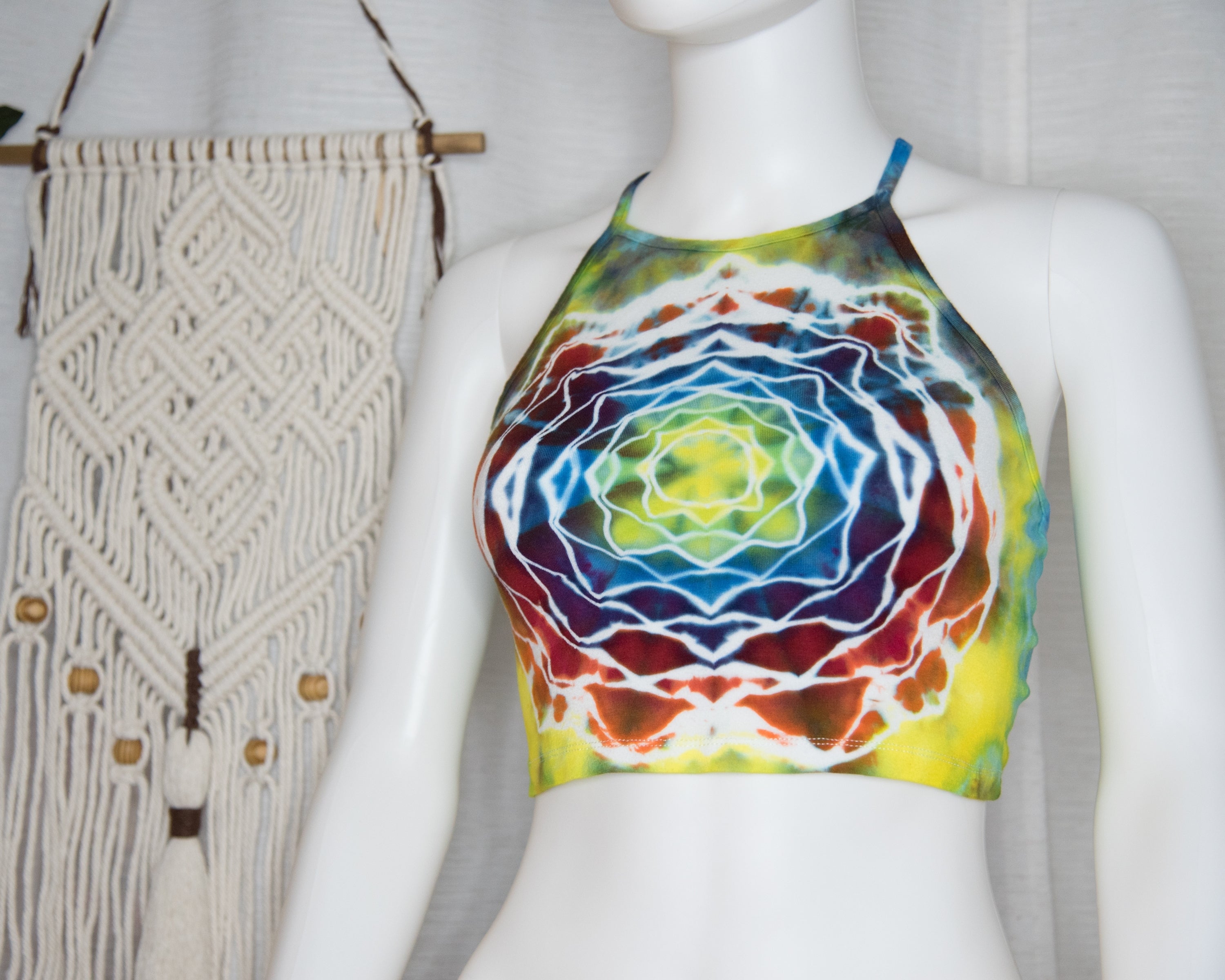 Open Back Spaghetti Strap Crop Top - M - Rainbow Mandala