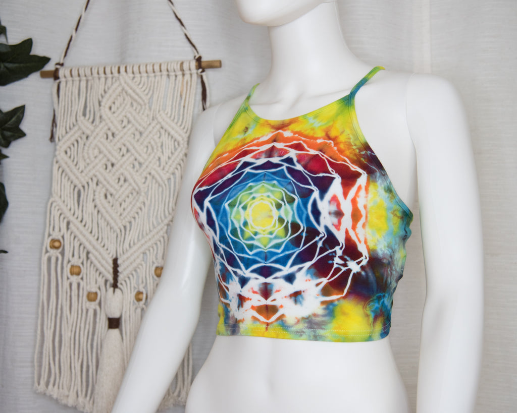 Open Back Spaghetti Strap Crop Top - L - Rainbow Mandala