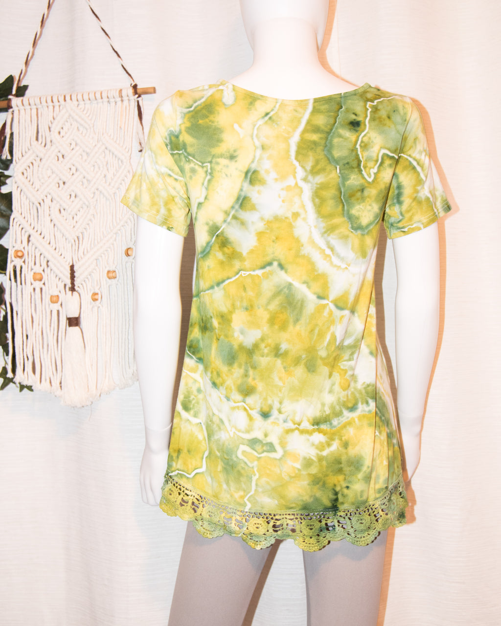 Small - Women's Lace Hem Shirt - Green Yellow