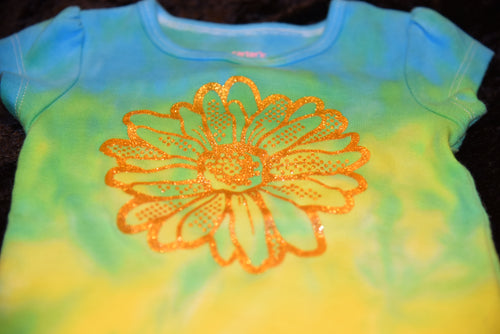 9mo. Gold Flower applique shirt - Blue, Green, Yellow