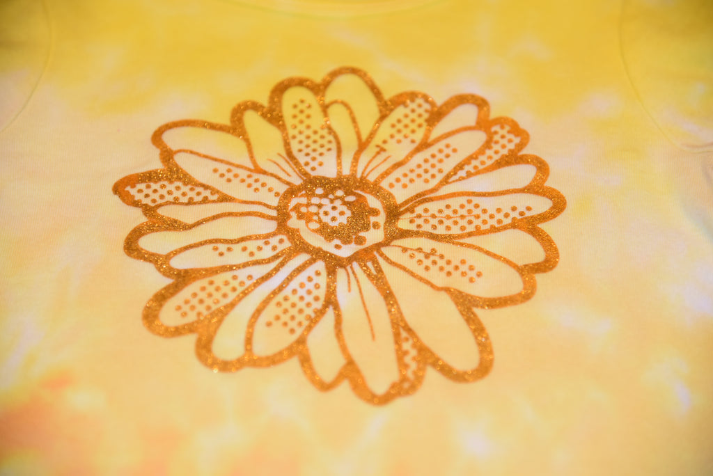 Youth Size 6 Gold-Sparkle Flower shirt - Yellow & Orange